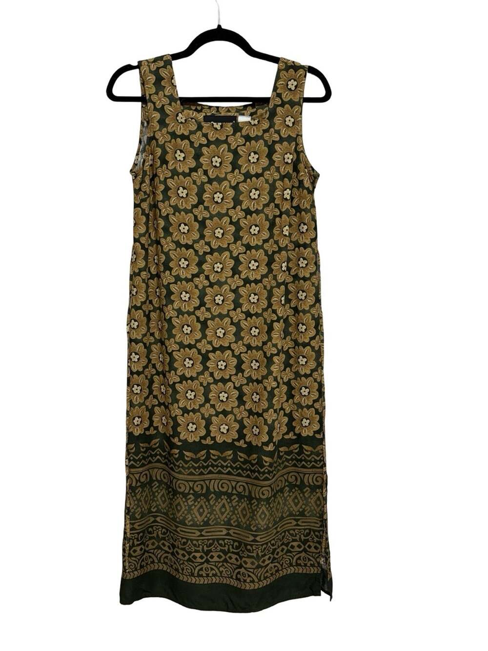 Vintage Sag Harbor Square Neck Tank Maxi Dress in Dark Green Tan Floral -Size 4